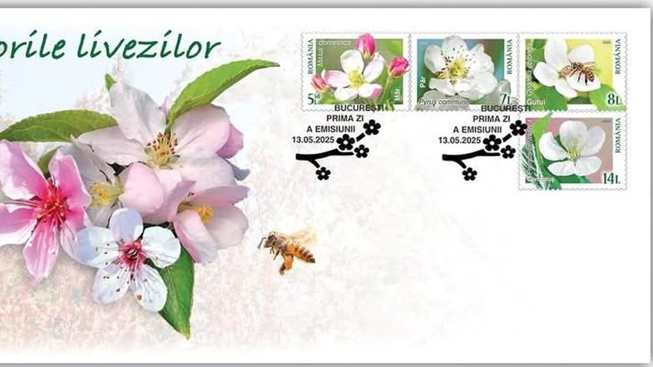 Florile a patru pomi fructiferi importanți, pe timbrele care alcătuiesc noua colecție „Florile livezilor”, disponibile de mâine în magazinele Romfilatelia