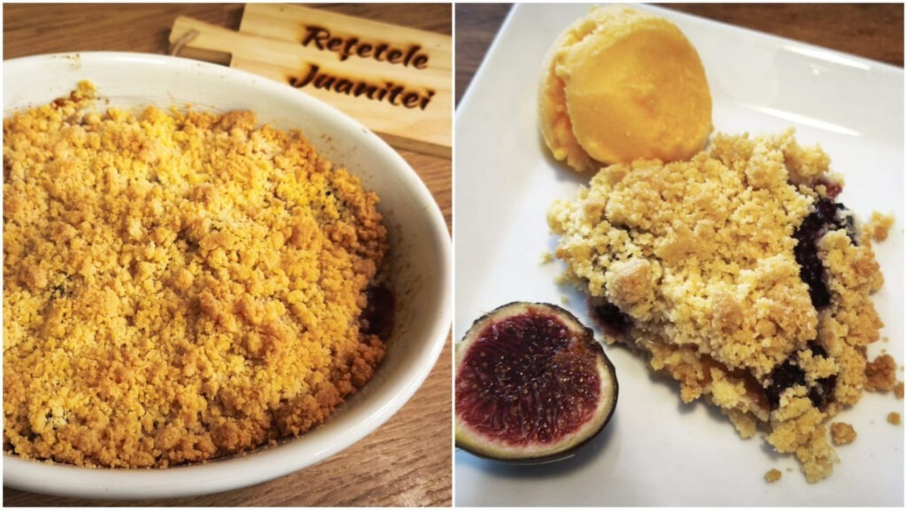 FOTO | ABC în bucătărie | Cum faci cel mai simplu desert - crumble cu fructe/ Rețeta de crumble cu pere, piersici și mure (sau orice fructe ai prin casă și sunt pe cale să se strice)