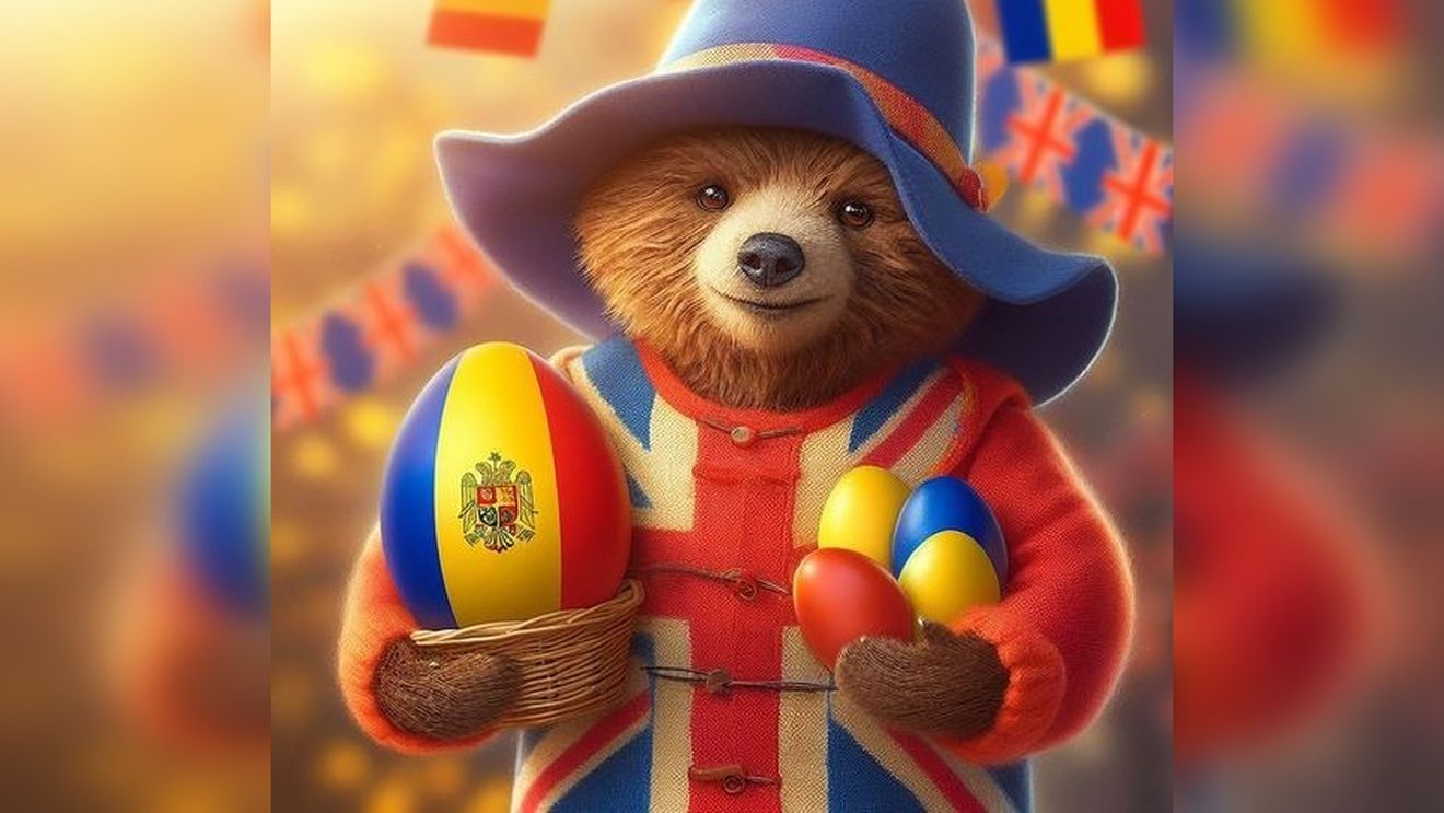 Celebrul ursuleţ Paddington, în brațe cu ouă vopsite în roşu, galben şi albastru, apare într-o imagine postată de Ambasada Britanică la Bucureşti