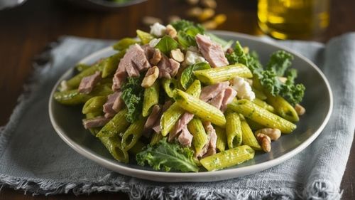 Paste integrale cu ton și nuci/ Un preparat cu arome mediteraneene și ingrediente nutritive: Omega3 din pește, grăsimi sănătoase din nuci și vitamine din frunzele verzi