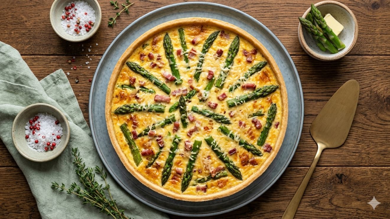 Rețetele Juanitei | Cina perfectă în 30 de minute/ Tartă quiche cu umplutură din 3 ingrediente, sparanghel și aluat gata pregătit