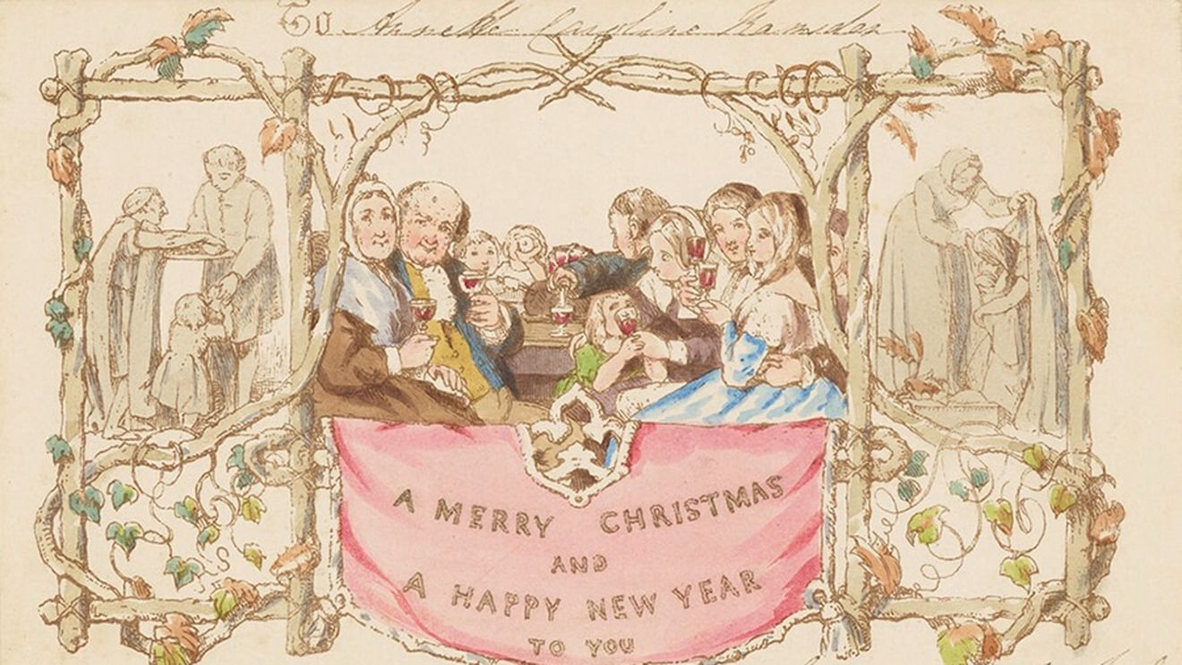 FOTO-VIDEO | Prima felicitare de Crăciun tipărită datează din 1843 și prezintă o familie adunată în jurul unei mese / A fost scoasă pe piață în același an în care Dickens a publicat „Colind de Crăciun/ A Christmas Carol”