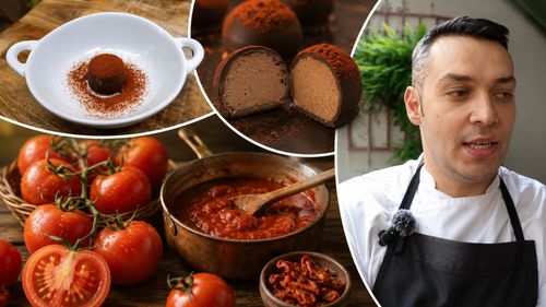 INTERVIU VIDEO | Un român a inventat pralinele din roșii! Ștefan Soare, bucătar Băcănia Veche: „La interior este o namelaka făcută din roșii coapte. Din 6 kg de roșii am obținut doar 2 kg de sos super concentrat. Apoi am combinat cu ciocolată albă Callebaut”