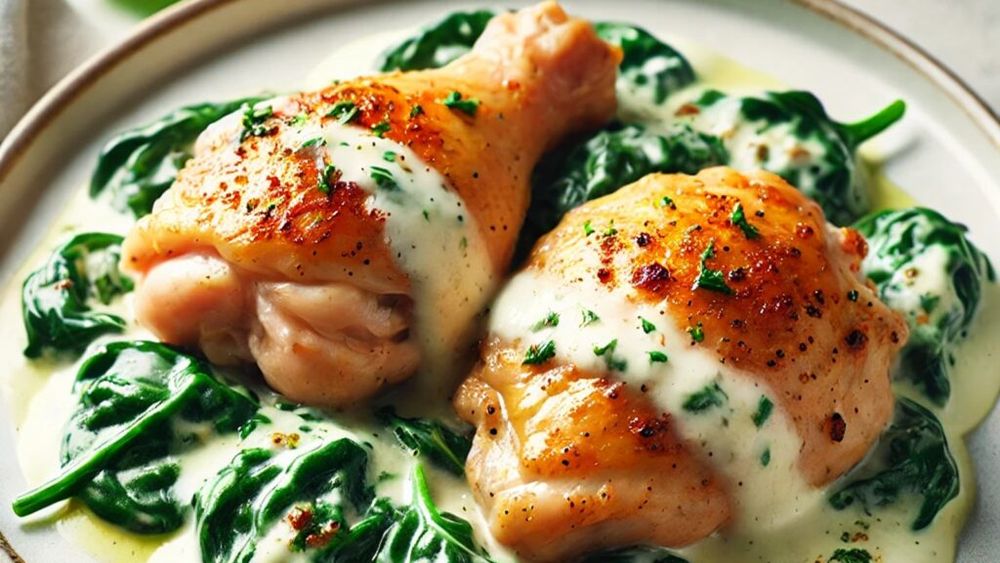 Pulpe de pui dezosate cu spanac și anghinare pentru cină/Combinația cu trei feluri de brânză creează un sos bogat, fin, cu textură mătăsoasă