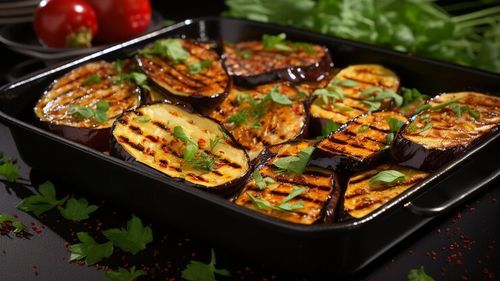 Garnituri vegetale: Vinete în tigaia grill. Pot fi servite cu carne, pește, brânzeturi, omletă, salată, sos de roșii sau alt dressing, cu humus, în sandviș