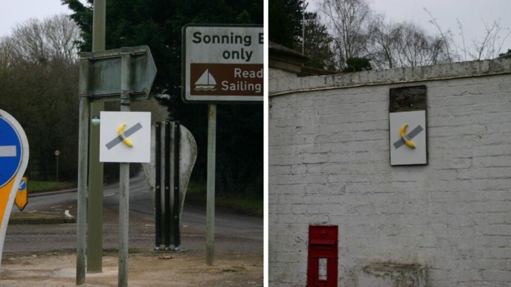 FOTO | Parodie la adresa celebrei lucrări „Comedian”: Un artist a lipit banane pe străzile unui sat englez și afirmă, în mod ironic, că aceste „capodopere” valorează 24,8 milioane de lire sterline