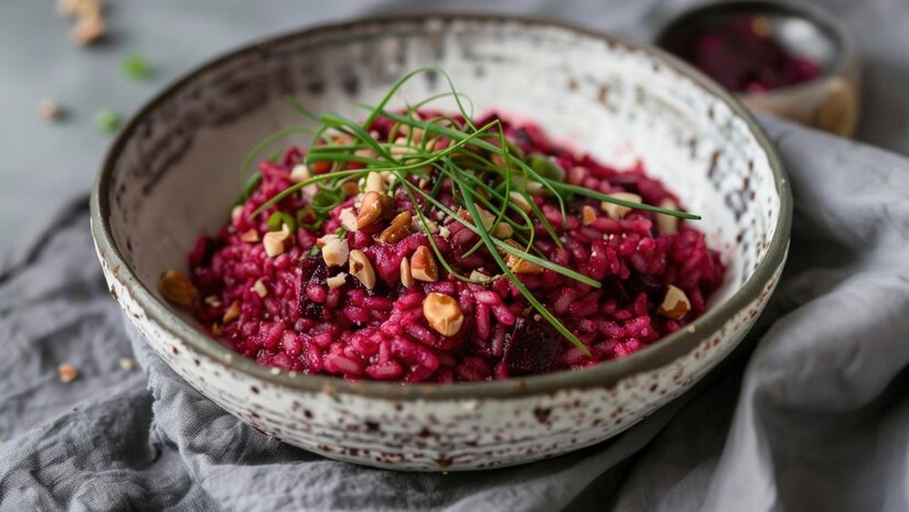 O idee inedită pentru masa de prânz roșu Valentine. Pilaf cu sfeclă roșie și adaos de brânză brie la final