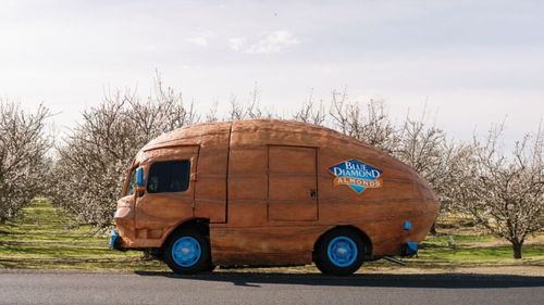 La drum într-o migdală uriașă. Un vehicul de forma unei migdale, cu care își face publicitate un producator american distribuind în mod extrem de original mostre de produse si suveniruri