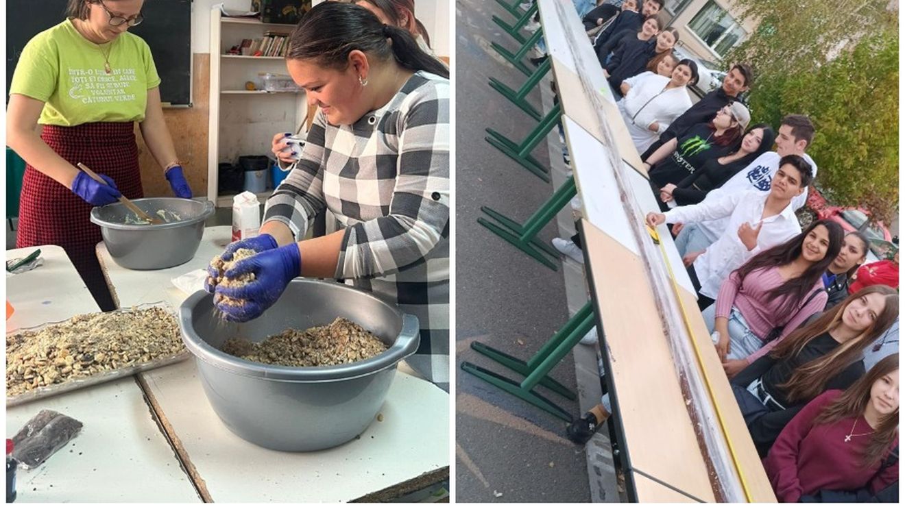 FOTO | Record dulce la Săcueni: Elevii au preparat un salam de biscuiți de peste 42 de metri, din alimente salvate de la risipă