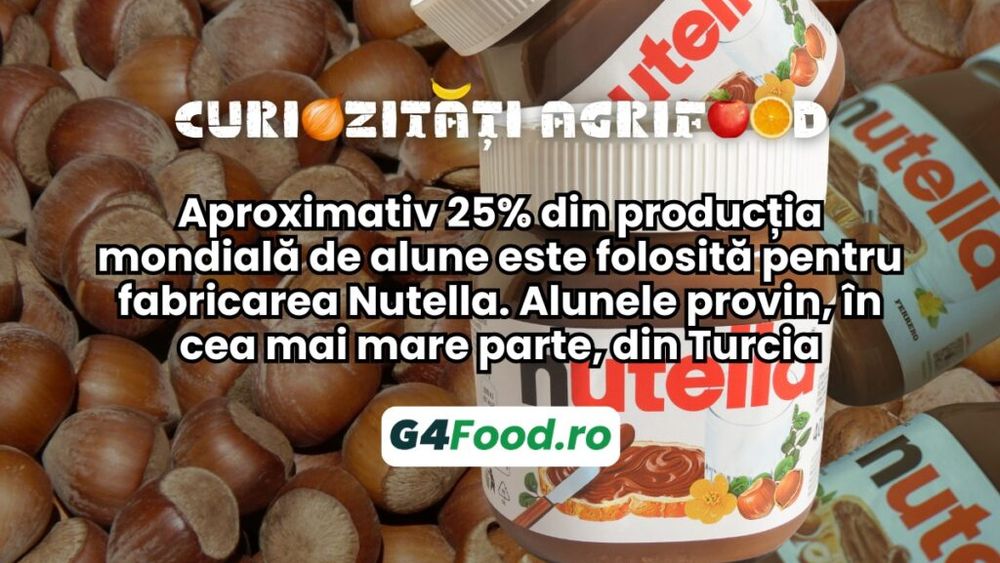 Curiozități agrifood - 2 octombrie: Aproximativ 25% din producția mondială de alune este folosită pentru fabricarea Nutella. Alunele provin, în cea mai mare parte, din Turcia
