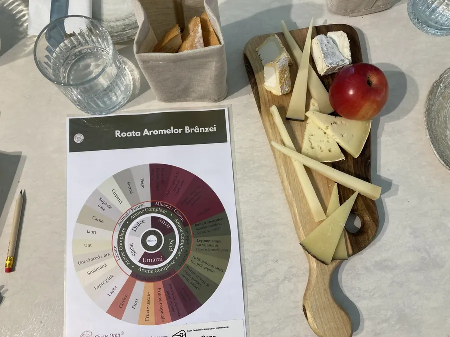 Branza degustata intr-un masterclass sustinut de Andreea Popa, alaturi de Roata Aromelor Branzei, un instrument folosit pentru identificarea aromelor, texturilor si gusturilor specifice diferitelor tipuri de branza.