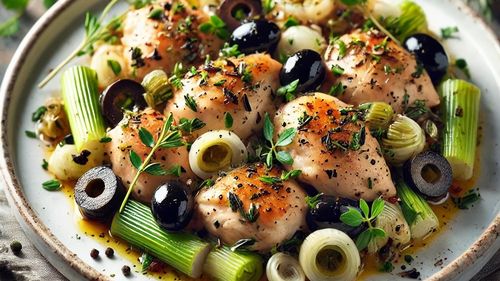 Cum ar fi ca în combinația praz cu măsline să adăugăm și pulpe de pui? Un prânz rapid și comod, cu piure de cartofi, orez simplu sau mămăligă, dacă nu vrem cu pâine