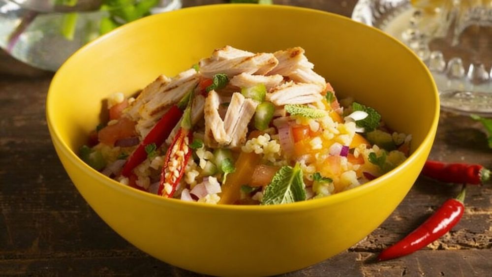 Mâncare de pui cu bulgur și legume, în stil turcesc, dar adaptată la aromele românești tradiționale/ Completăm rețeta cu un sos de iaurt și usturoi