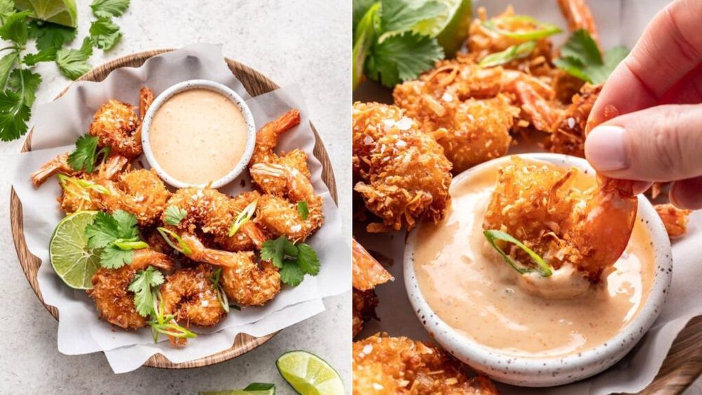 Creveți crocanți cu nucă de cocos și sos chili dulce / Un prânz delicios și rapid, numai bun de servit lângă un bol de orez sau noodles