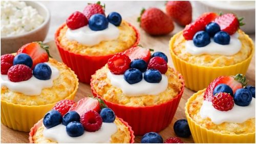 Papanași dietetici, la cuptor, în formă de briose/ Un mic dejun delicios care poate fi servit cu dulceață și iaurt ori smântână