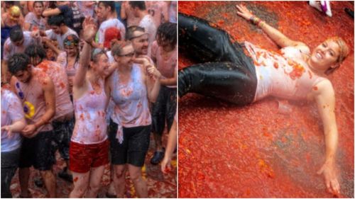 Un oraş spaniol s-a colorat complet în timpul bătăii cu roşii din cadrul Festivalului Tomatina