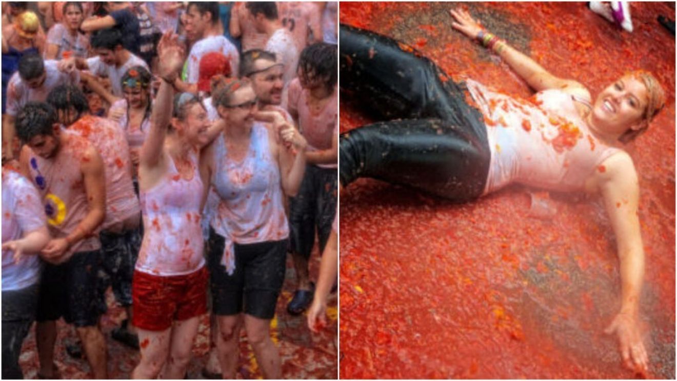 Un oraş spaniol s-a colorat complet în timpul bătăii cu roşii din cadrul Festivalului Tomatina