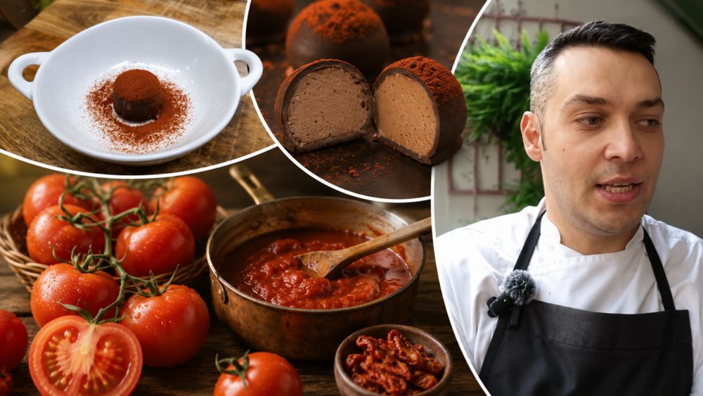 INTERVIU VIDEO | Un român a inventat pralinele din roșii! Ștefan Soare, bucătar Băcănia Veche: „La interior este o namelaka făcută din roșii coapte. Din 6 kg de roșii am obținut doar 2 kg de sos super concentrat. Apoi am combinat cu ciocolată albă Callebaut”