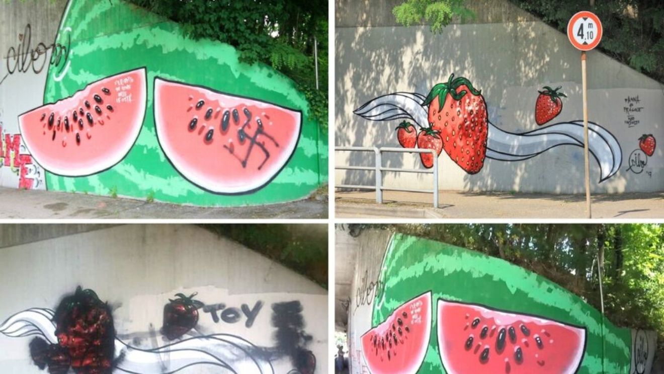 Artă murală cu imagini sugestive cu mâncare care acoperă zidurile cu graffitti violente/ CIBO și alți 11 artiști șterg ura cu artă