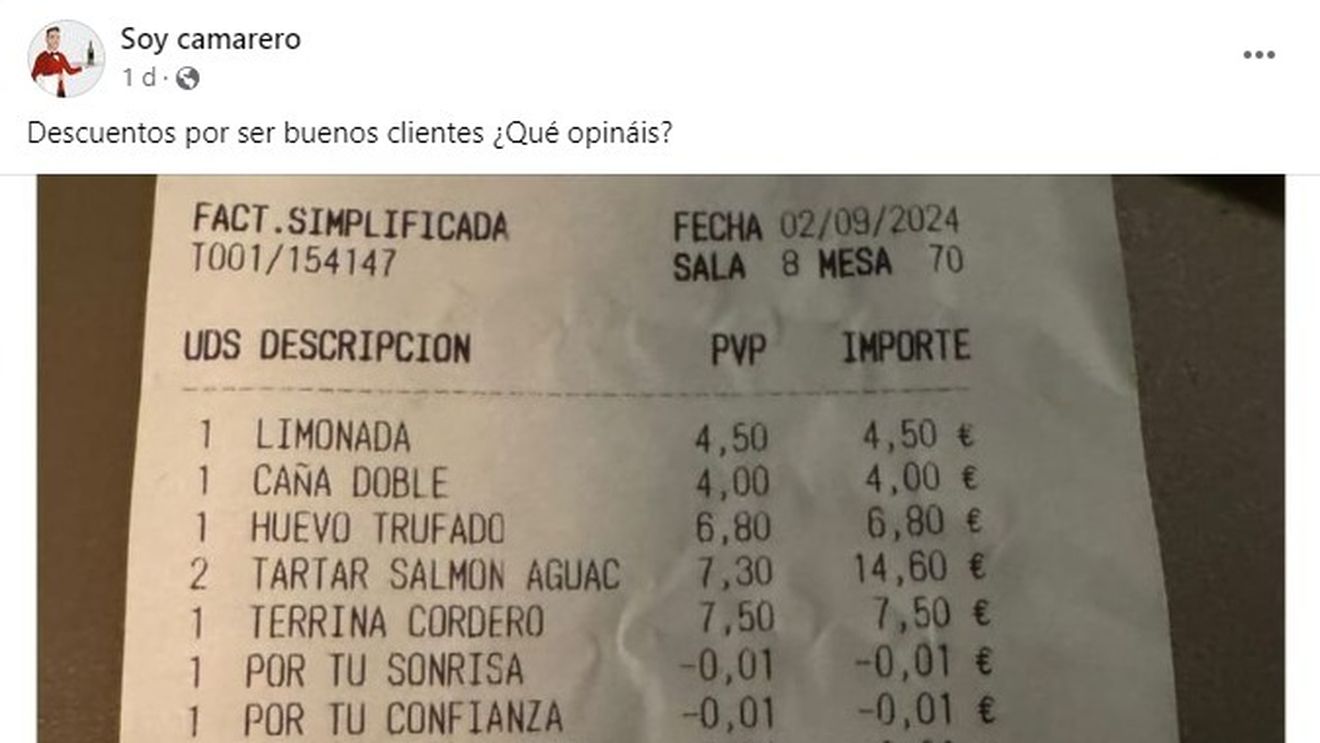Clientul unui bar din Spania a primit discount 5 cenți pentru că a fost amabil. A postat bonul pe rețelele de socializare și comentariile nu au întârziat să curgă