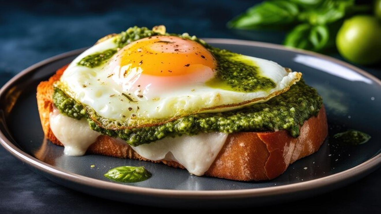 Idee de mic dejun leneș, de sâmbătă. Pâine prăjită cu pesto de busuioc și ou. Merge adăugată și brânză sau felii de roșii