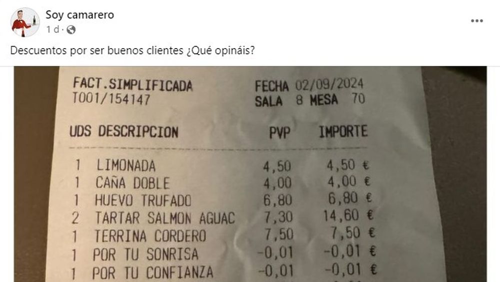 Clientul unui bar din Spania a primit discount 5 cenți pentru că a fost amabil. A postat bonul pe rețelele de socializare și comentariile nu au întârziat să curgă
