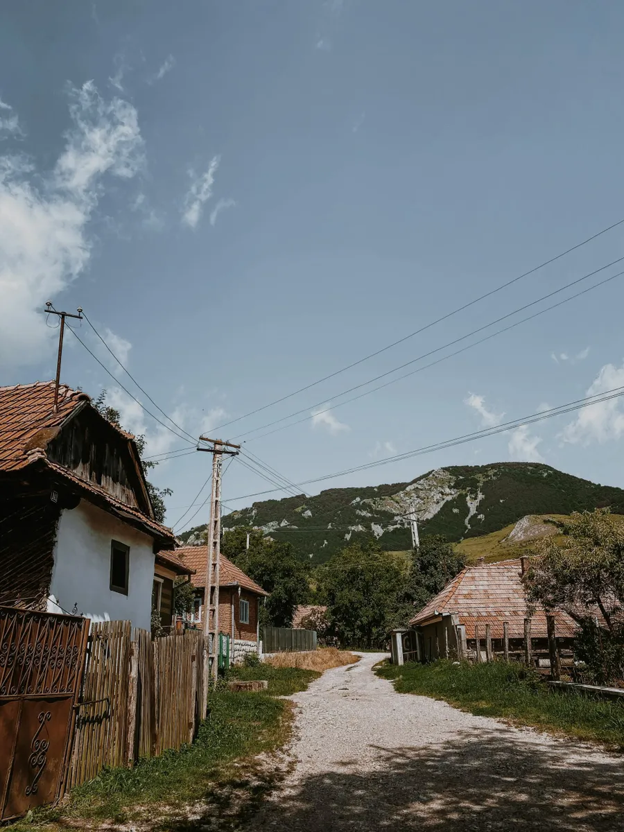 Uliță pustie într-un sat transilvănean, cu case tradiționale și munte în fundal, imagine care arată depopularea rurală