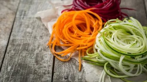 Cum poți să faci spaghetti complet vegetale? Poți folosi un spiralizer, un aparat ieftin în care pe o parte intră legume întregi și pe cealaltă ies fâșii lungi și subțiri ca niște paste. La ce mai poate fi util