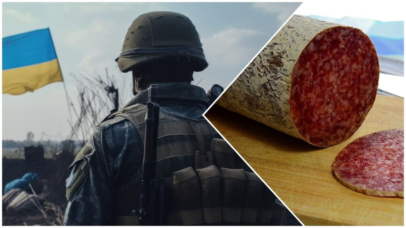 Salam cu mesajul „O Zi a Victoriei fericită” pe etichetă, descoperit de soldații ucraineni într-un magazin din Kursk